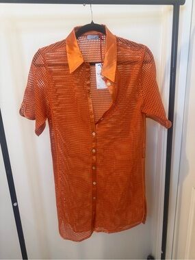 Orange Mesh Swim Coverup Shirt with Satin Collar